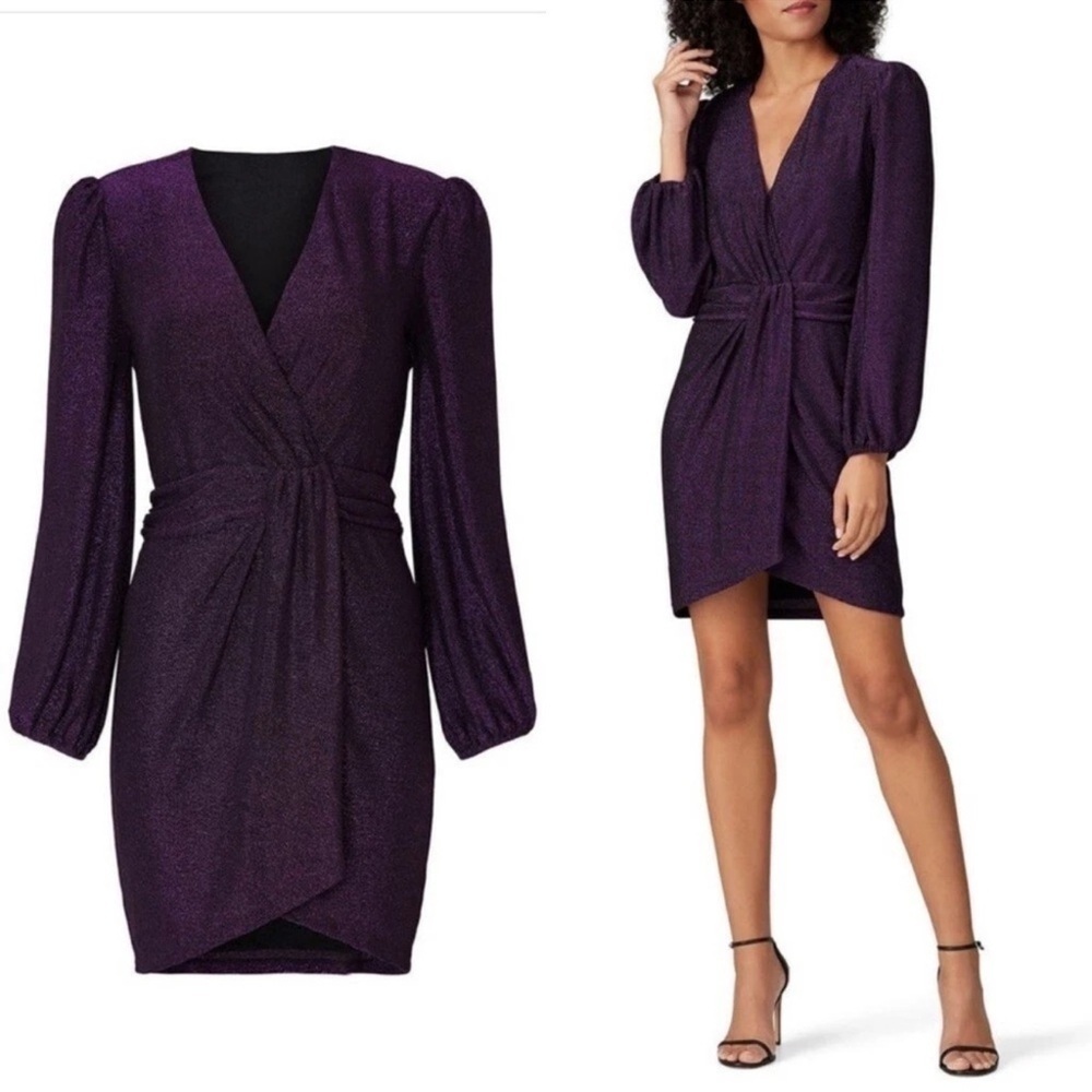 Saylor Holliday Metallic Faux Wrap Mini Dress S Purple Vneck Glitter Party